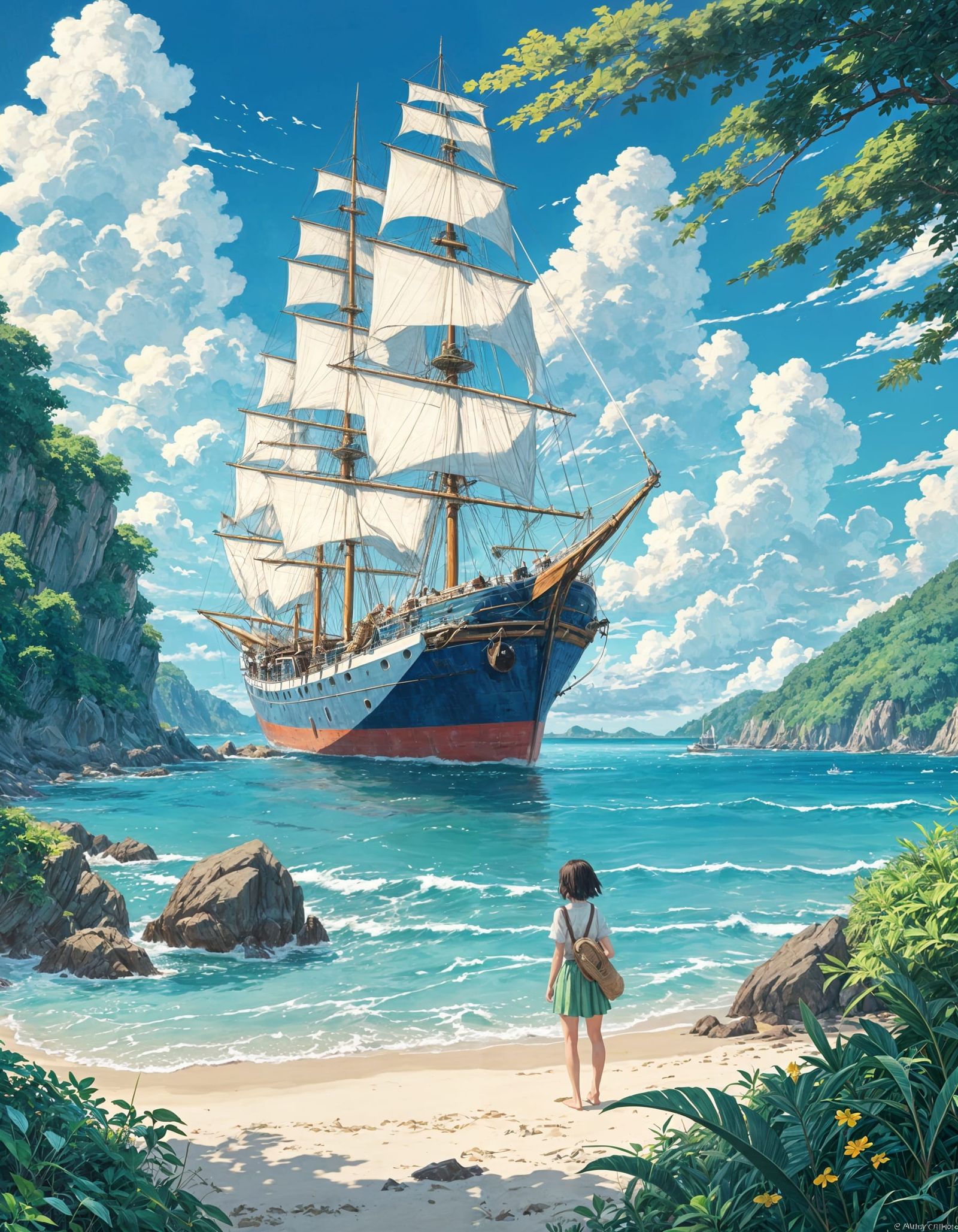 Tranquil Tropical Beach Scene in Ghibli Style
