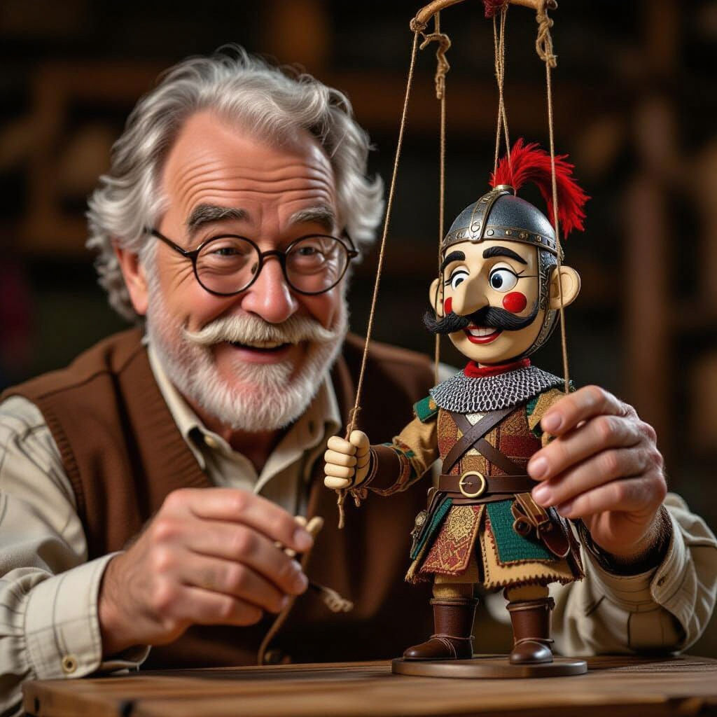 Man Operates Medieval Warrior Marionette