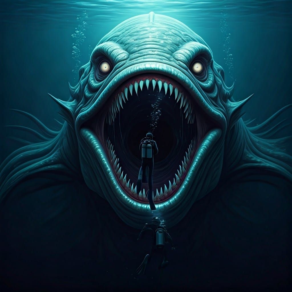 Cyberpunk Horror Creature Stares Down Scuba Diver in Terror-...