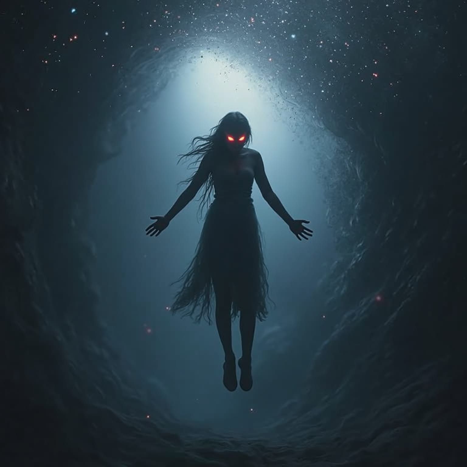 Figure Falling into Dreamlike Void with Glowing Eyes