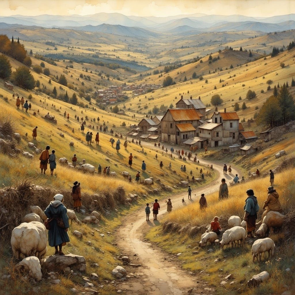 Bustling Village Life in Winter Light