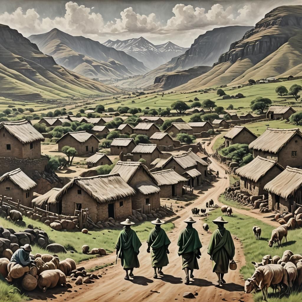 Majestic Lesotho Village Charcoal Drawing