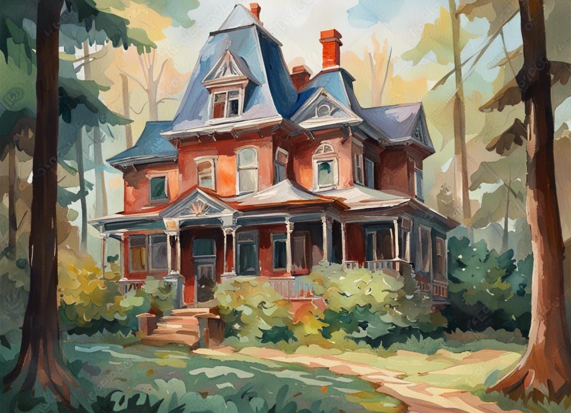Victorian House in Forest, Gouache Watercolor Painting