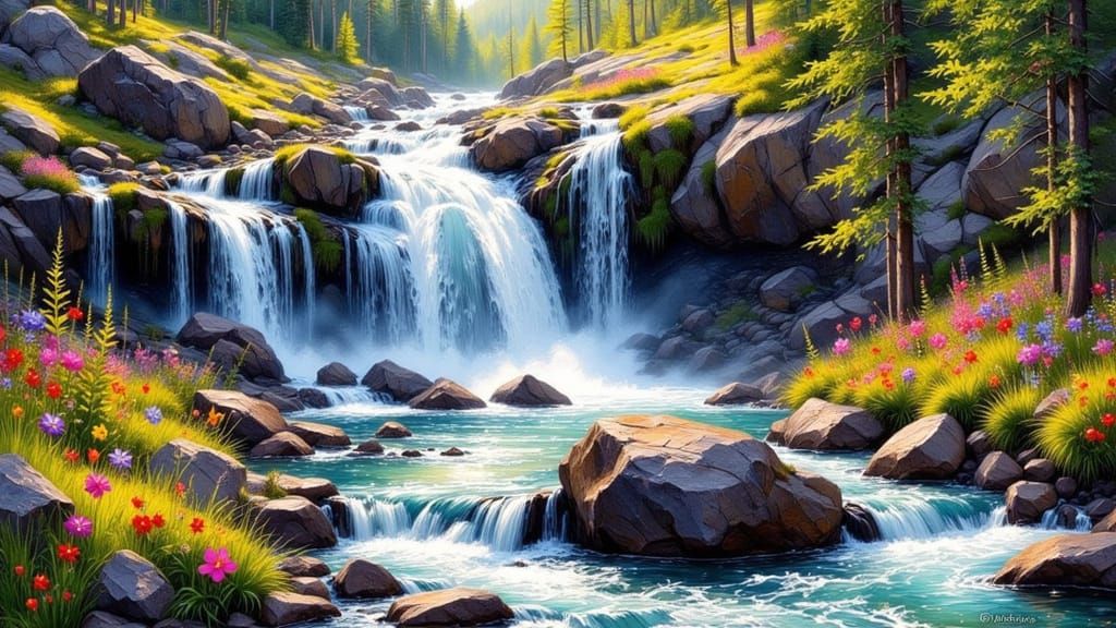 Dramatic Waterfalls with Wildflowers, Impasto Oil Painting