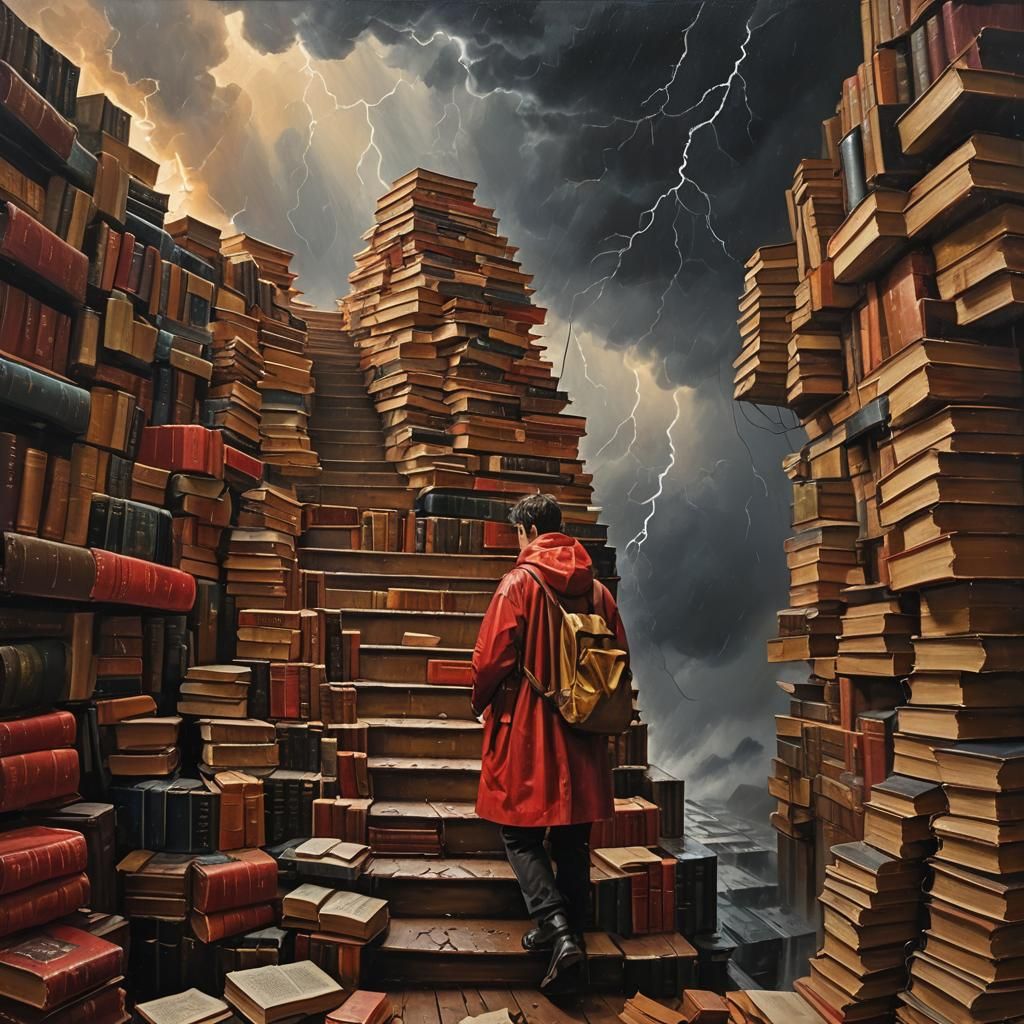 Surrealist Book Staircase Amidst Stormy Dreamscape