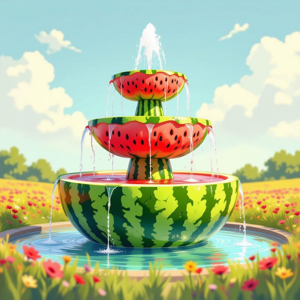 Surreal Watermelon Fountain in Colorful Field