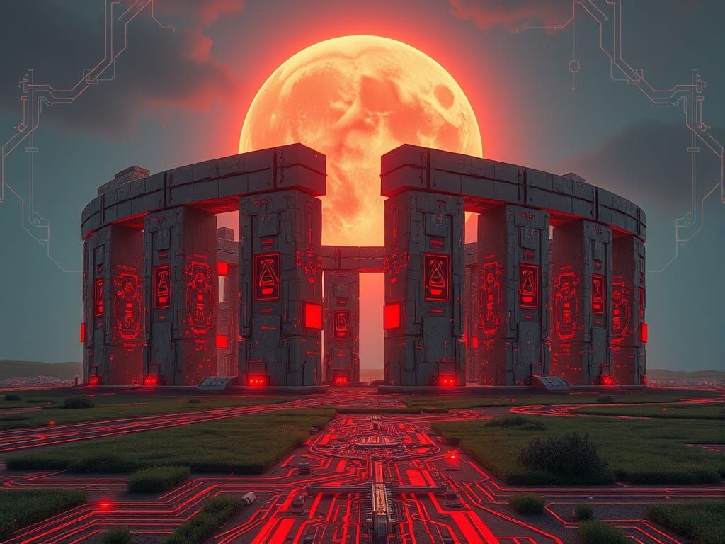 Cybernetic Circuitboard Stonehenge in Brutalist Style