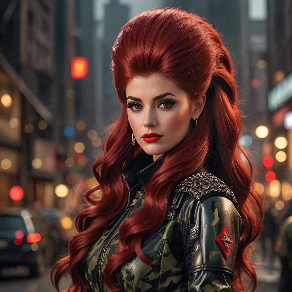 27 year old female, luxurious red 1960’s bouffant hair, black eyeshadow, red lipstick, camouflage armour,