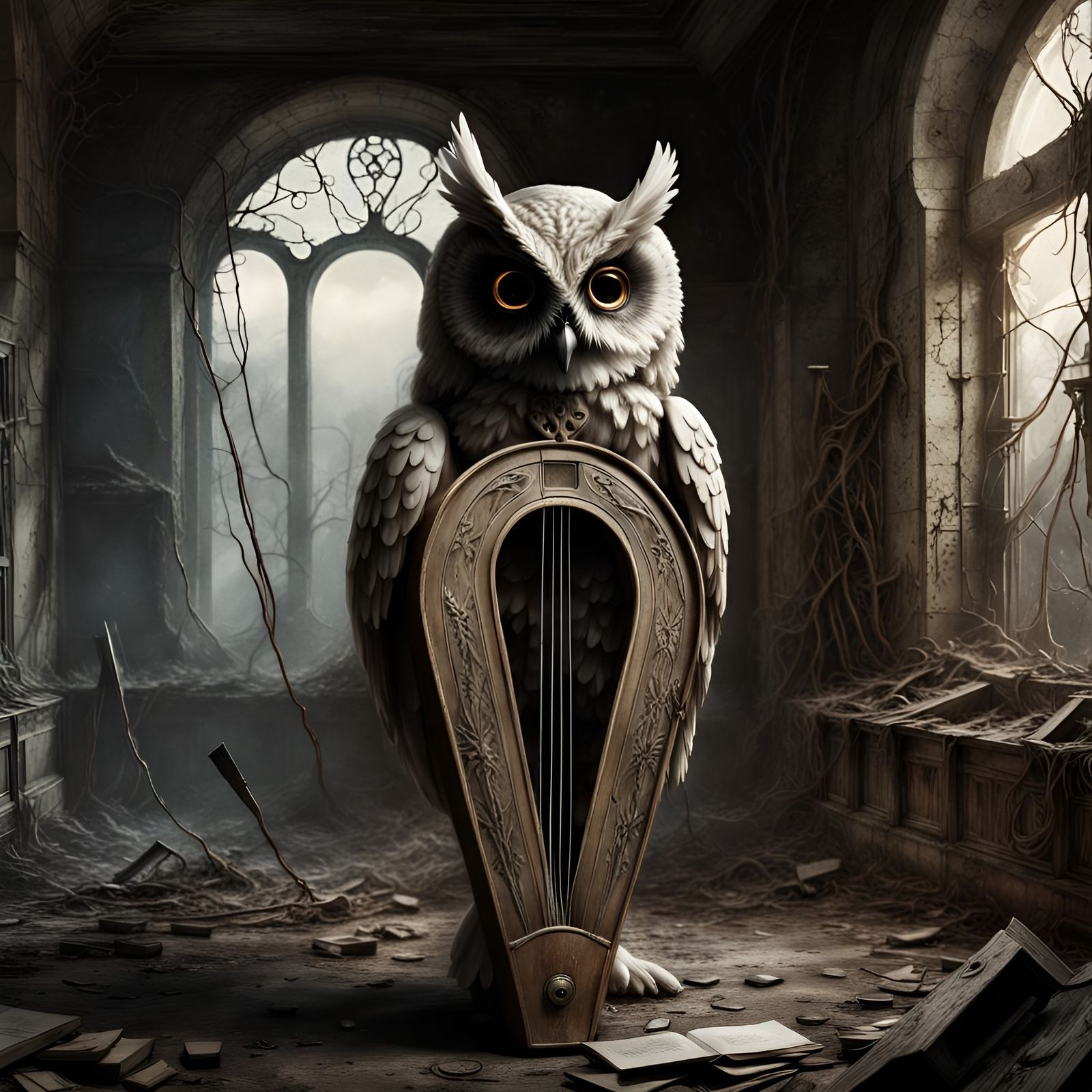 Owl Lyre in Abandoned Asylum, Dark Fantasy Art