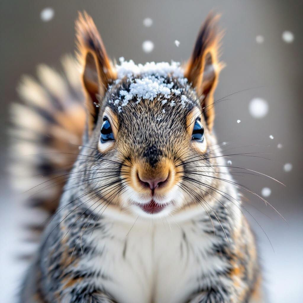 Grey Squirrel Portrait with Snowfall in Studio Lighting