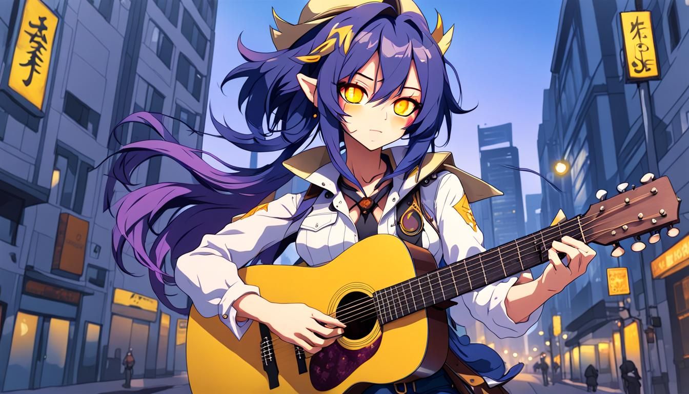 Anime Cowgirl Plays Guitar in a Cyberpunk City