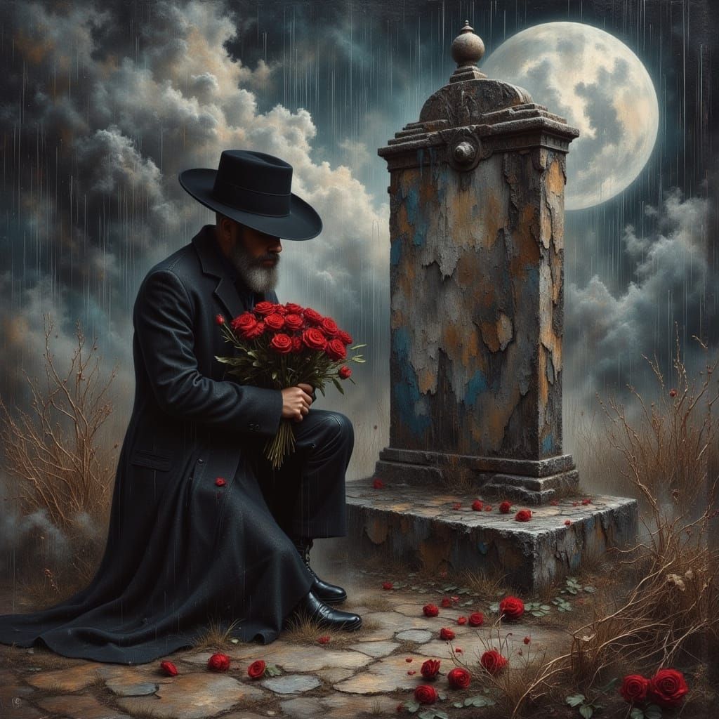 Man at Grave in Stormy Landscape, Oil Painting