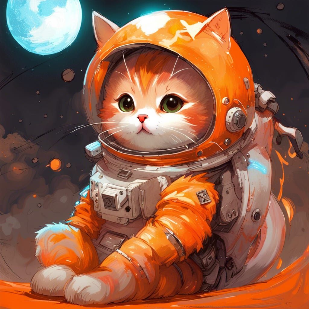 Cute Chibi Cat Astronaut on Glowing Planet