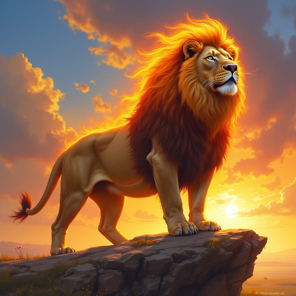 Majestic Lion with Flaming Mane in Oil Painting Style