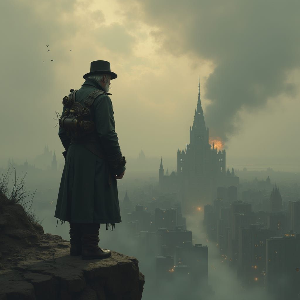 Steampunk Politician on Precipice Overlooking Smog City