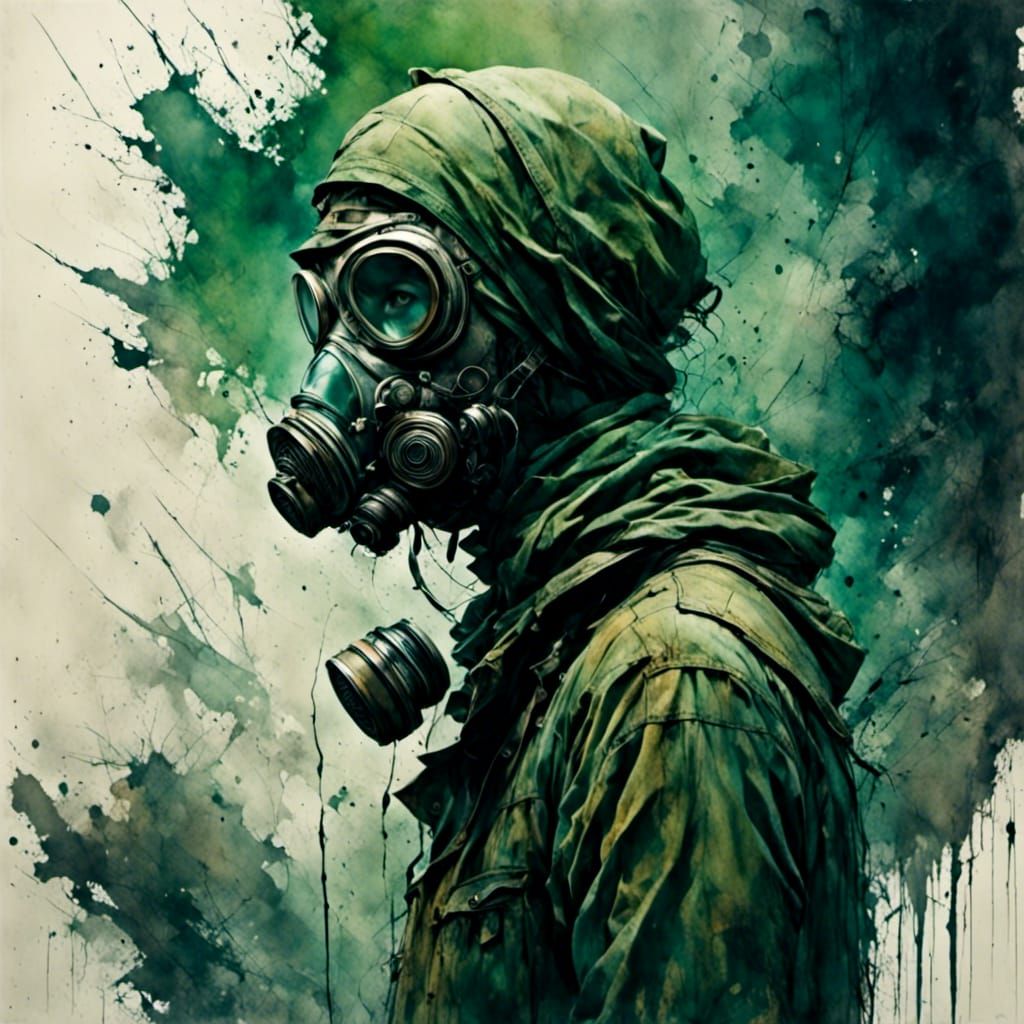 Cyberpunk Man with Green Hair and Gas Mask