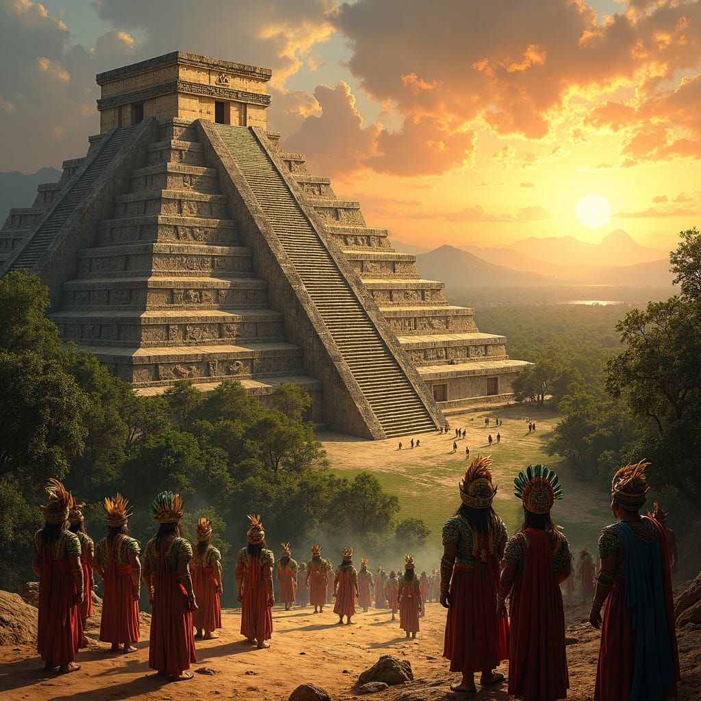 Ancient Meso-American Pyramid Sunrise Masterpiece Oil Painti...