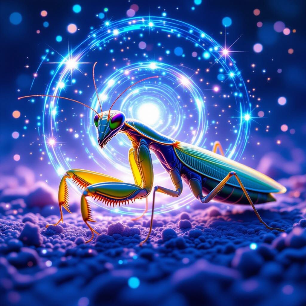 Hyper-Realistic 青花瓷 Praying Mantis with Cosmic Trails