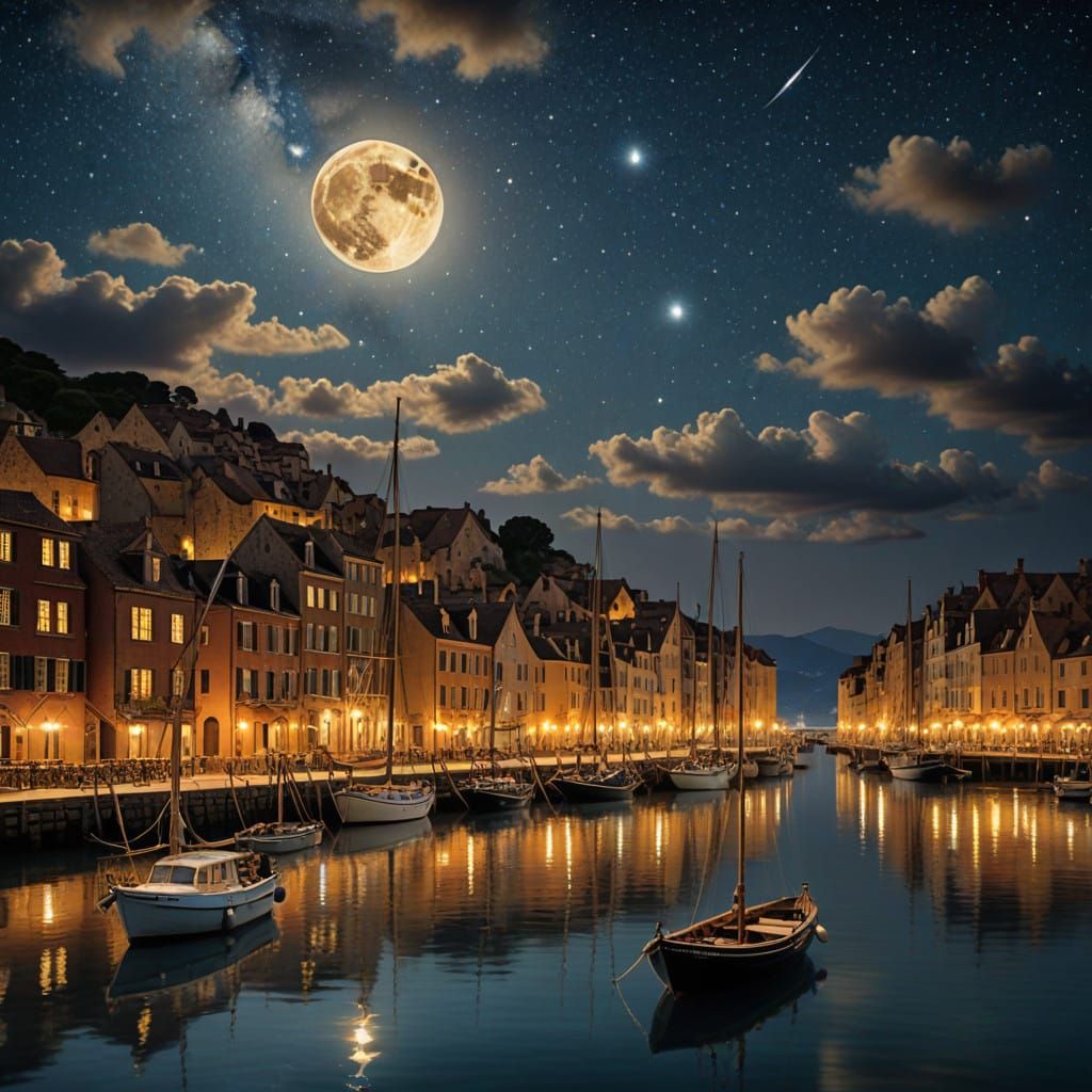 A Serene Evening Harbor Scene under a Starry Night Sky
