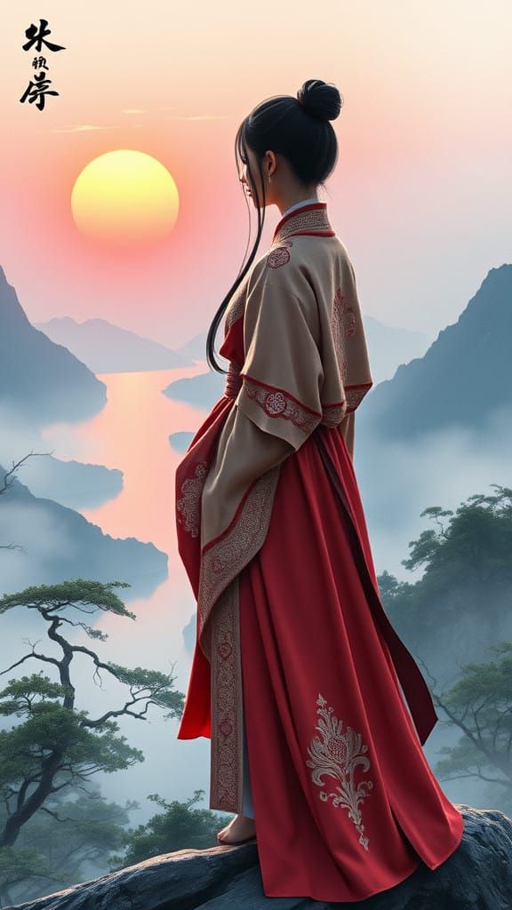 Ethereal Warrior Emerges on Misty Mountain Peak in Chinese W...