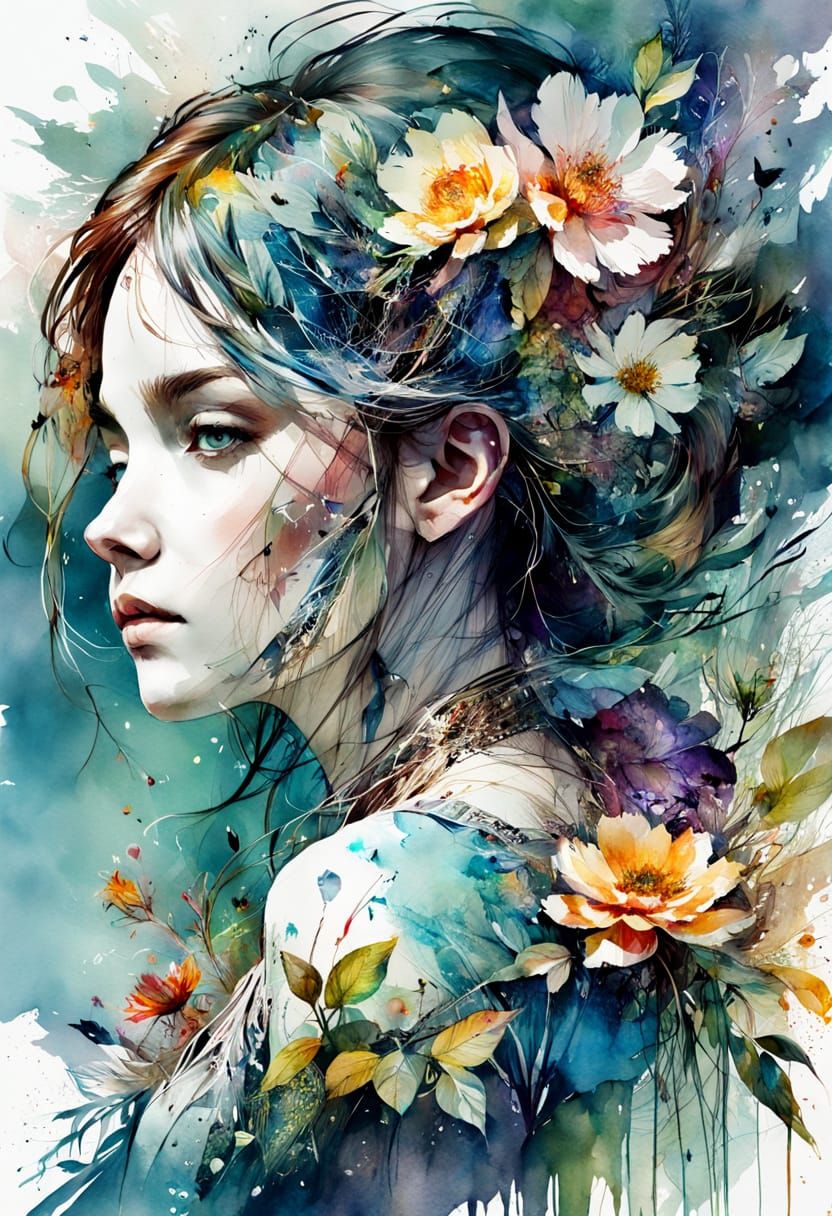 Whimsical Double Exposure Watercolor Masterpiece in Pastel H...