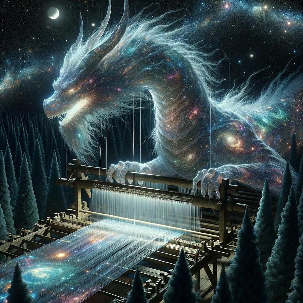 Spectral Dragon Weaves Constellations in Moonlit Forest
