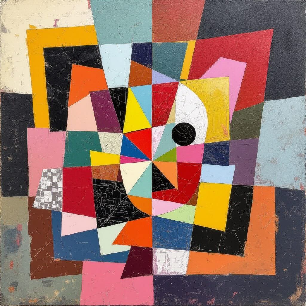 Vibrant Abstract Collage with Geometric and Organic Forms