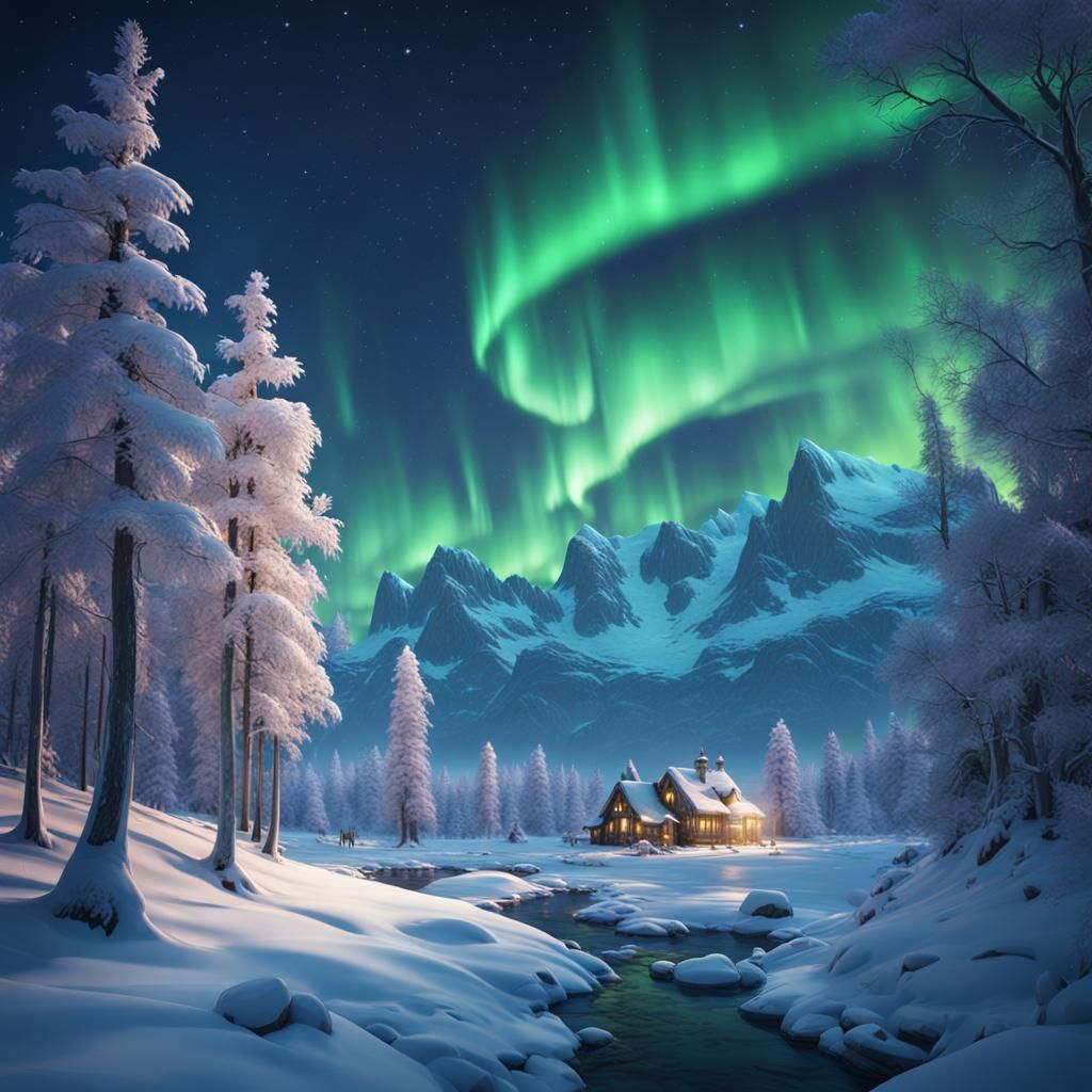 Winter Wonderland with Northern Lights: Fantasy Concept Art