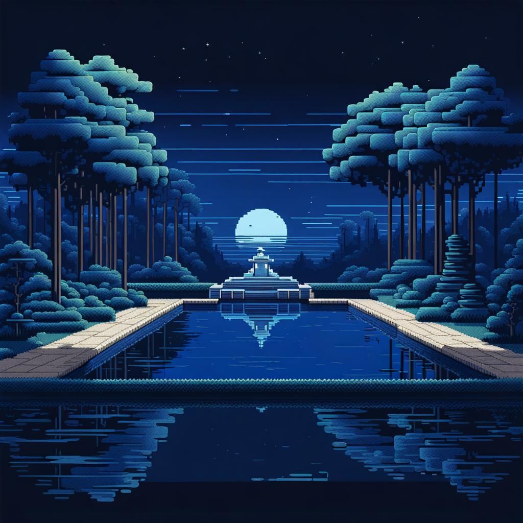 Luxurious Pond with Sculpture in 8-bit Pixel Art