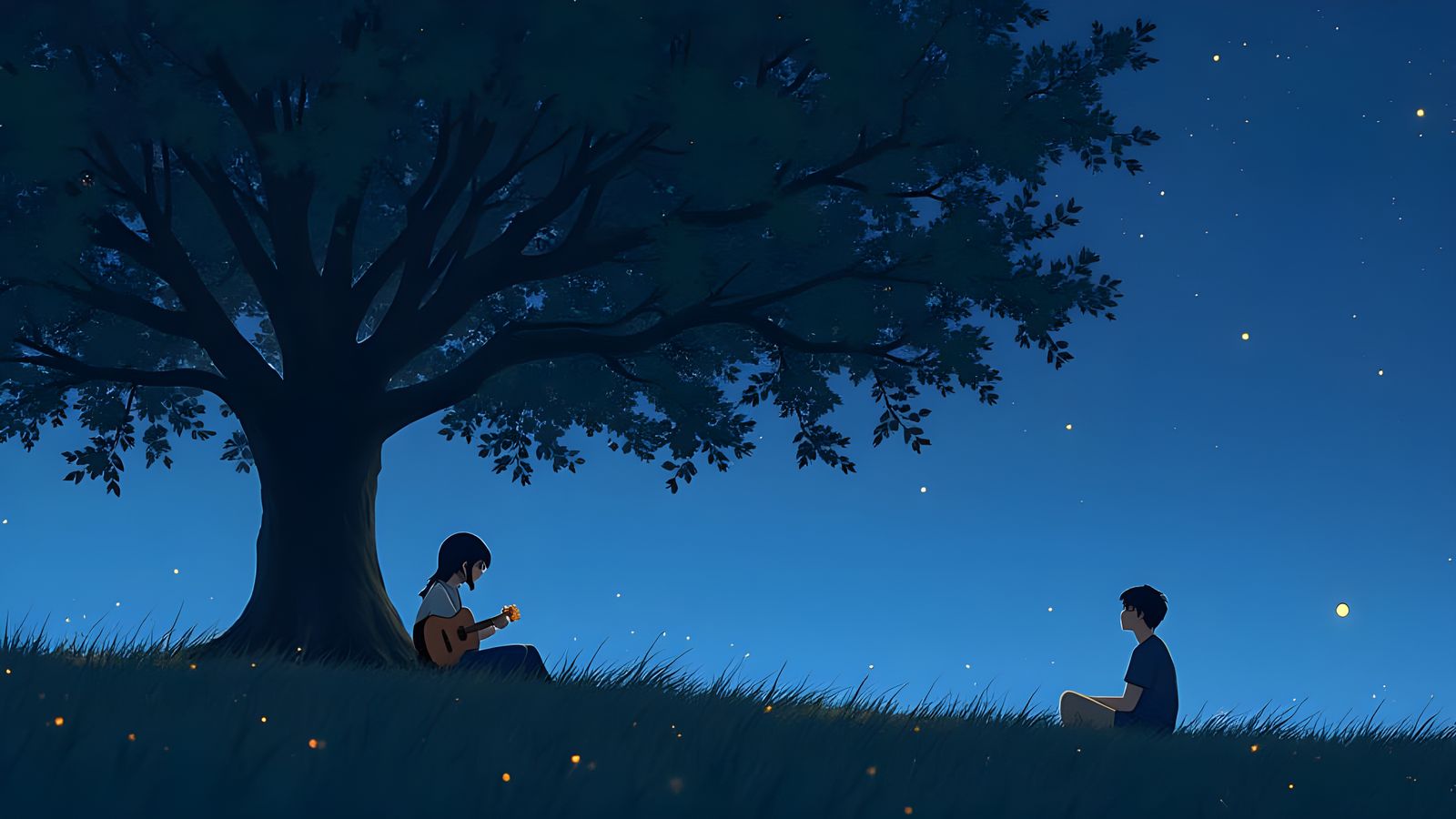 Girl with Guitar Under Willow Tree in Anime Style