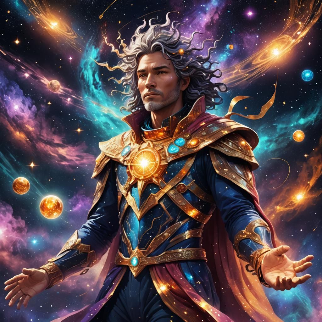 Cosmic Sorcerer Floating in Starry Void