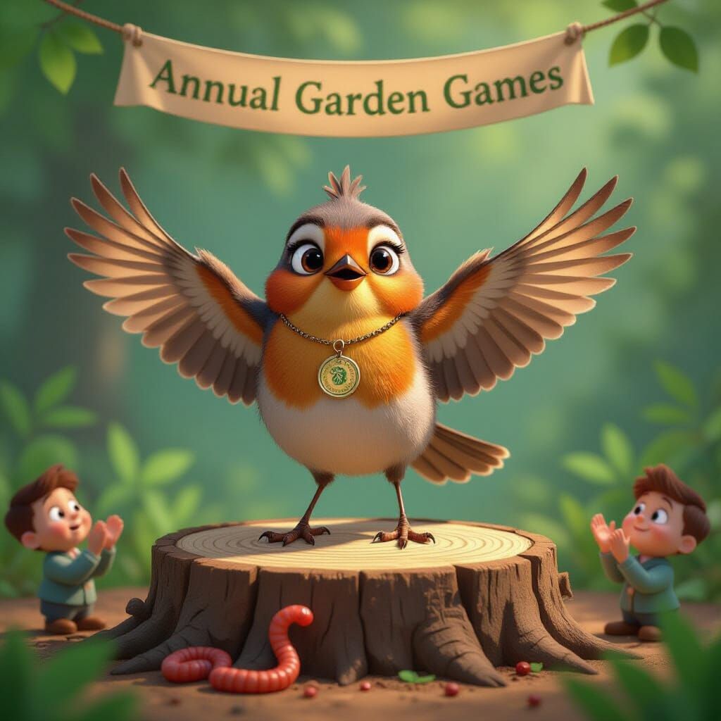 Robin's Victory: Whimsical Garden Games in Pixar Style