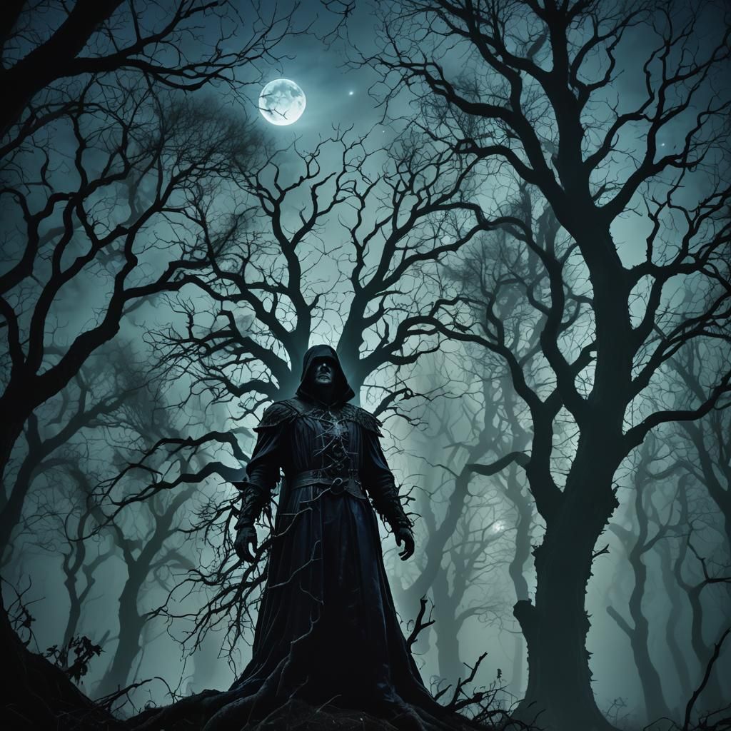 Gothic Figure in Eerie Forest with Blue Moonlight