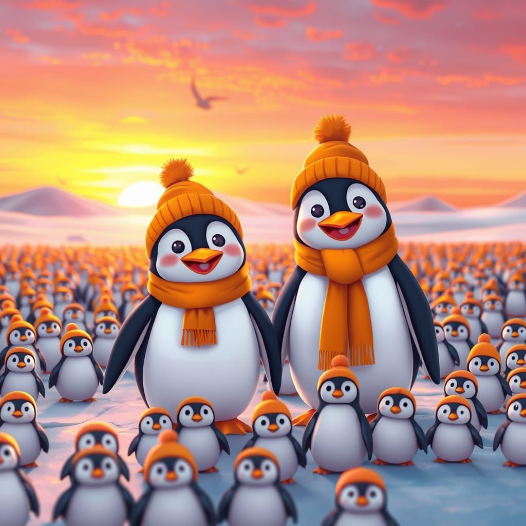 Cheerful Penguins Dance Under Sunset