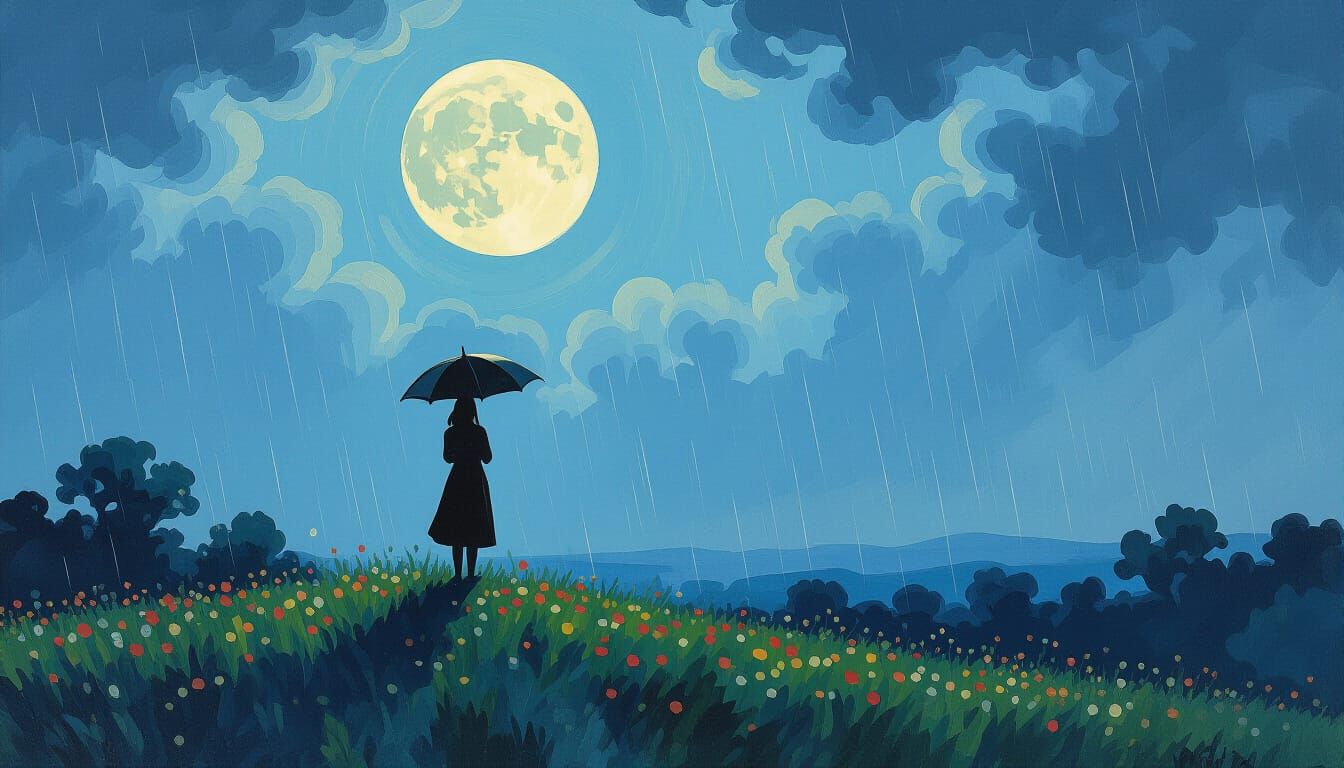 Person Under Umbrella on Flowery Knoll During Moonlit Rainst...