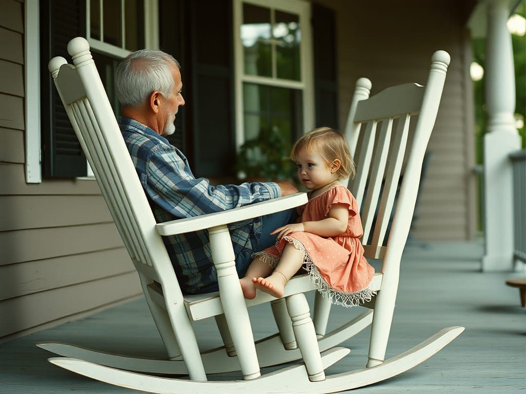 Grandfather and Granddaughter on a Porch, Cinematic Film Sti...