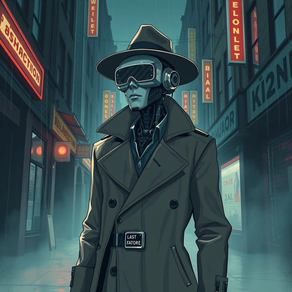Futuristic Android Detective in Neon City Alleyway