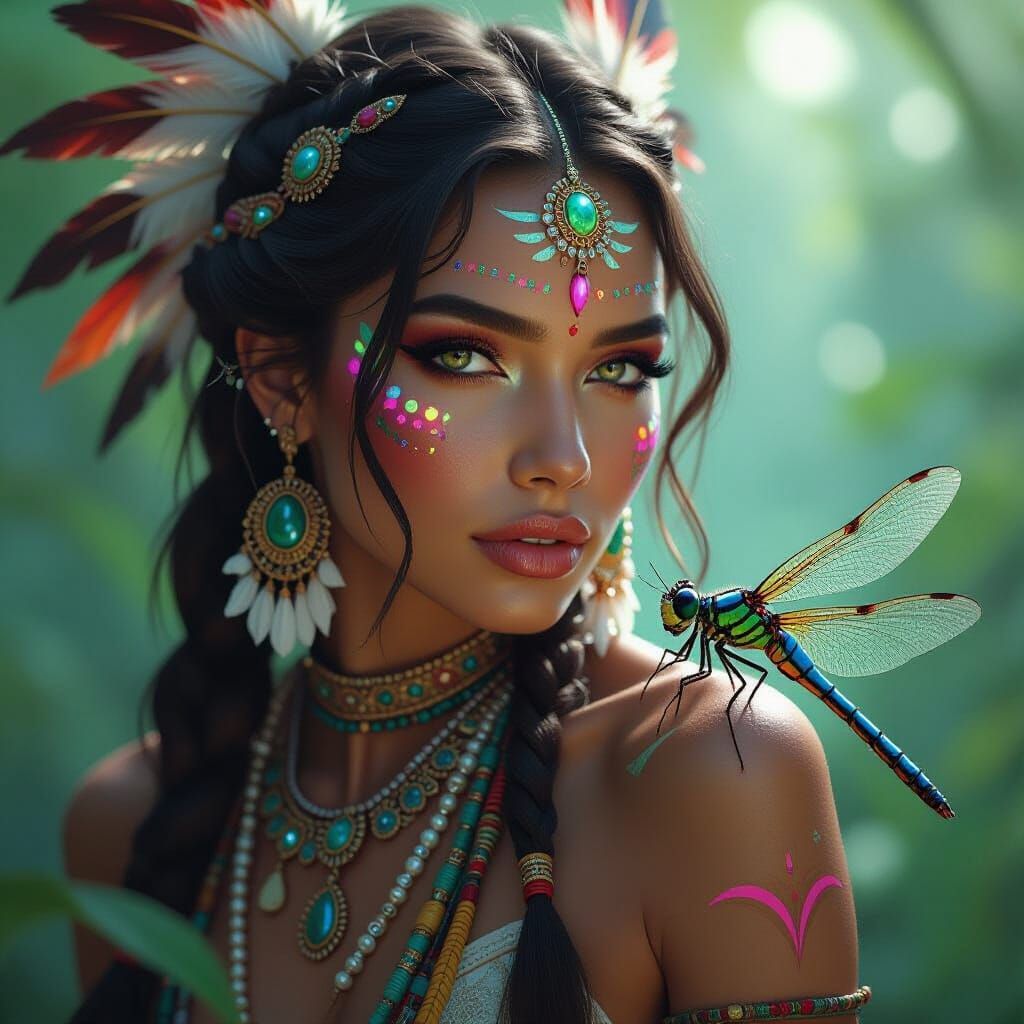 Tribal Woman Portrait with Dragonfly in Fantasy Art Style