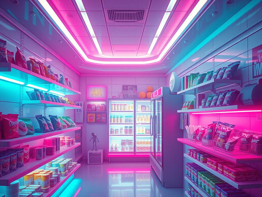 Futuristic Alien Convenience Store in Retro Wave Style