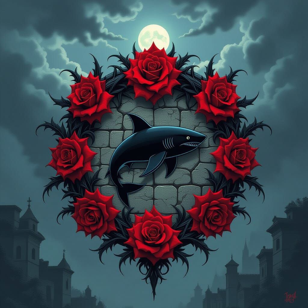 Gothic Family Crest with Shark and Roses