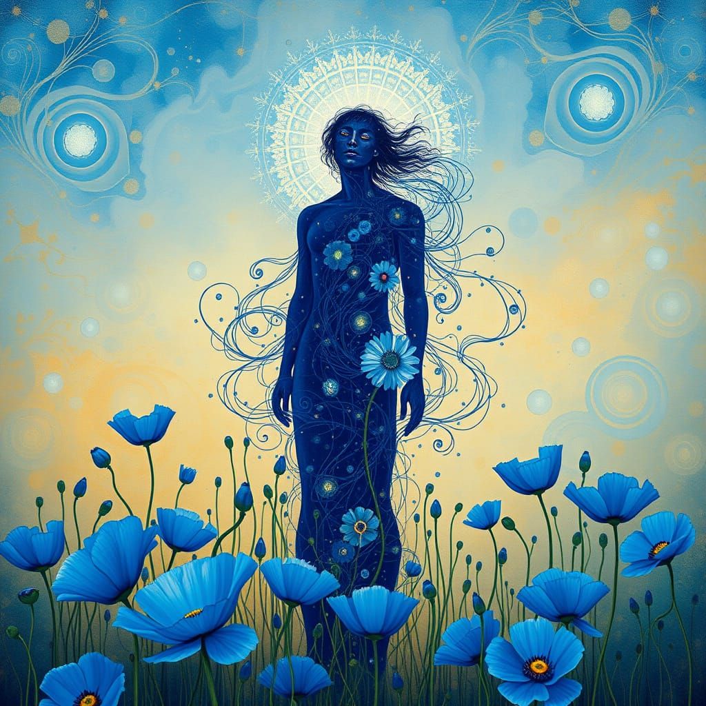 Whimsical Figure in Cobalt Blue Amidst Blue Poppies with Swi...