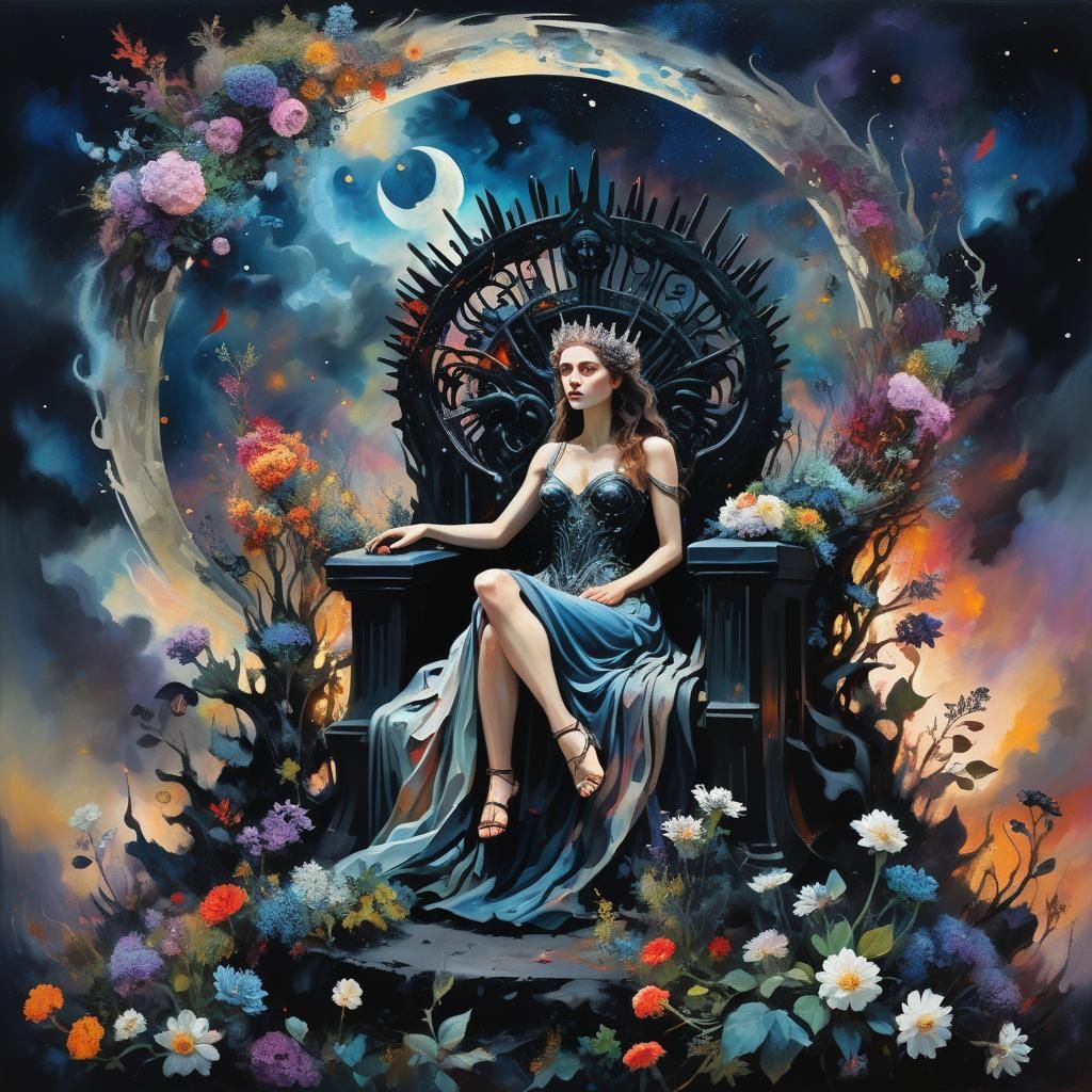 Persephone on Iron Throne: Neo-Impressionist Oil Painting