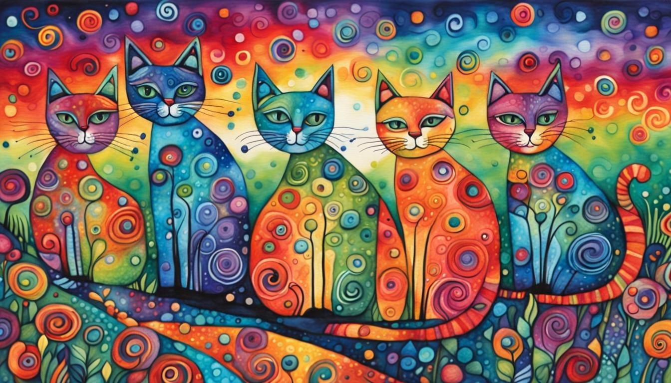 Whimsical Kitties in Rainbow Garden, Impasto Watercolor