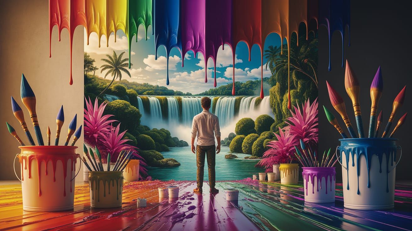 Painter Surrounded by Vibrant Droplets of Paint in Tropical ...