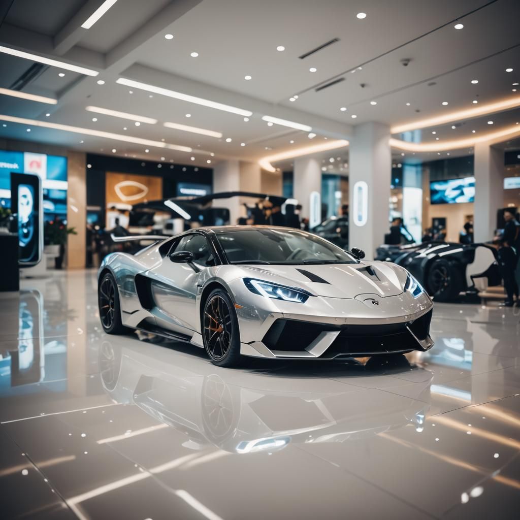 Futuristic High-Tech Sports Car in Showroom: Photo