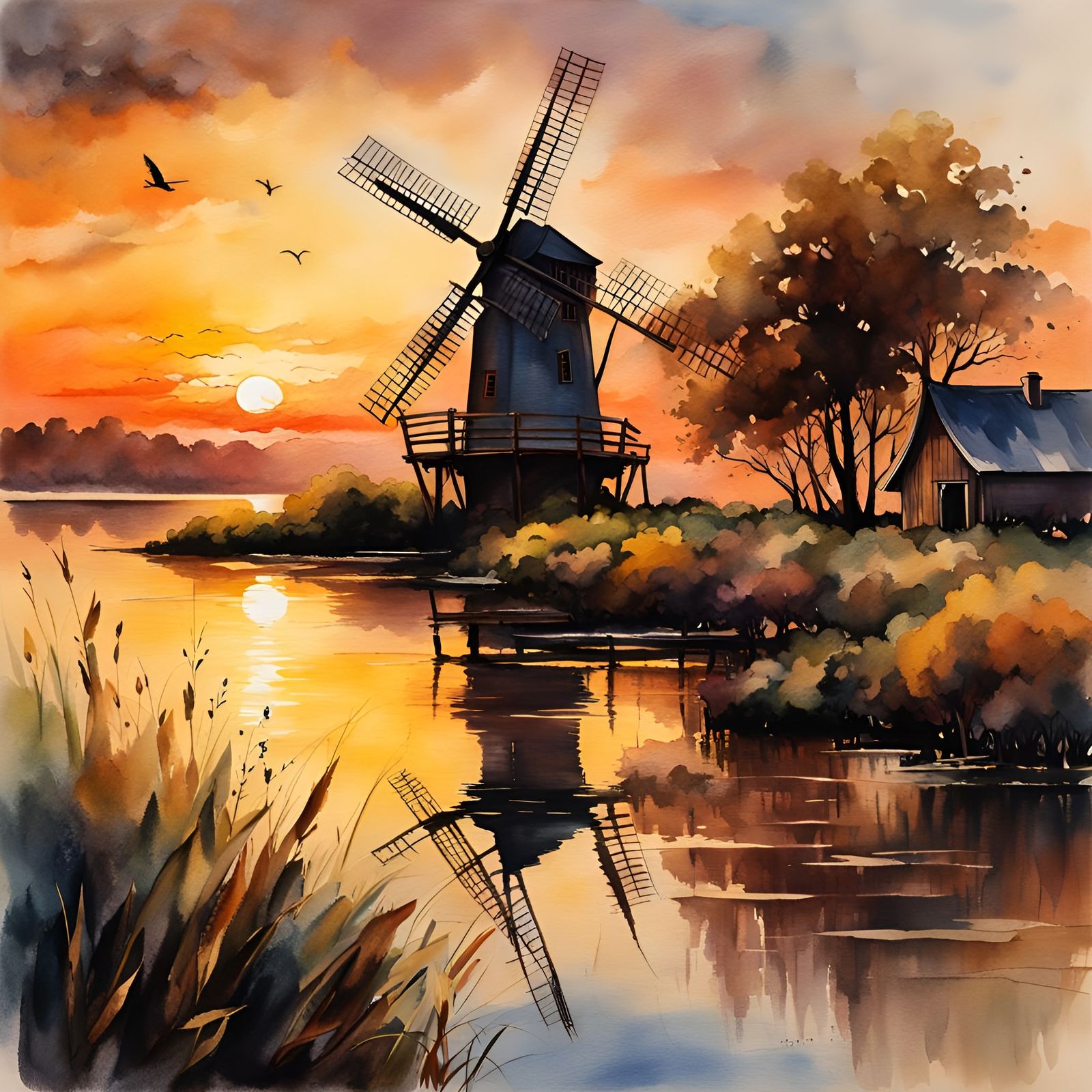 Dutch Woman and Windmill in Watercolor Style