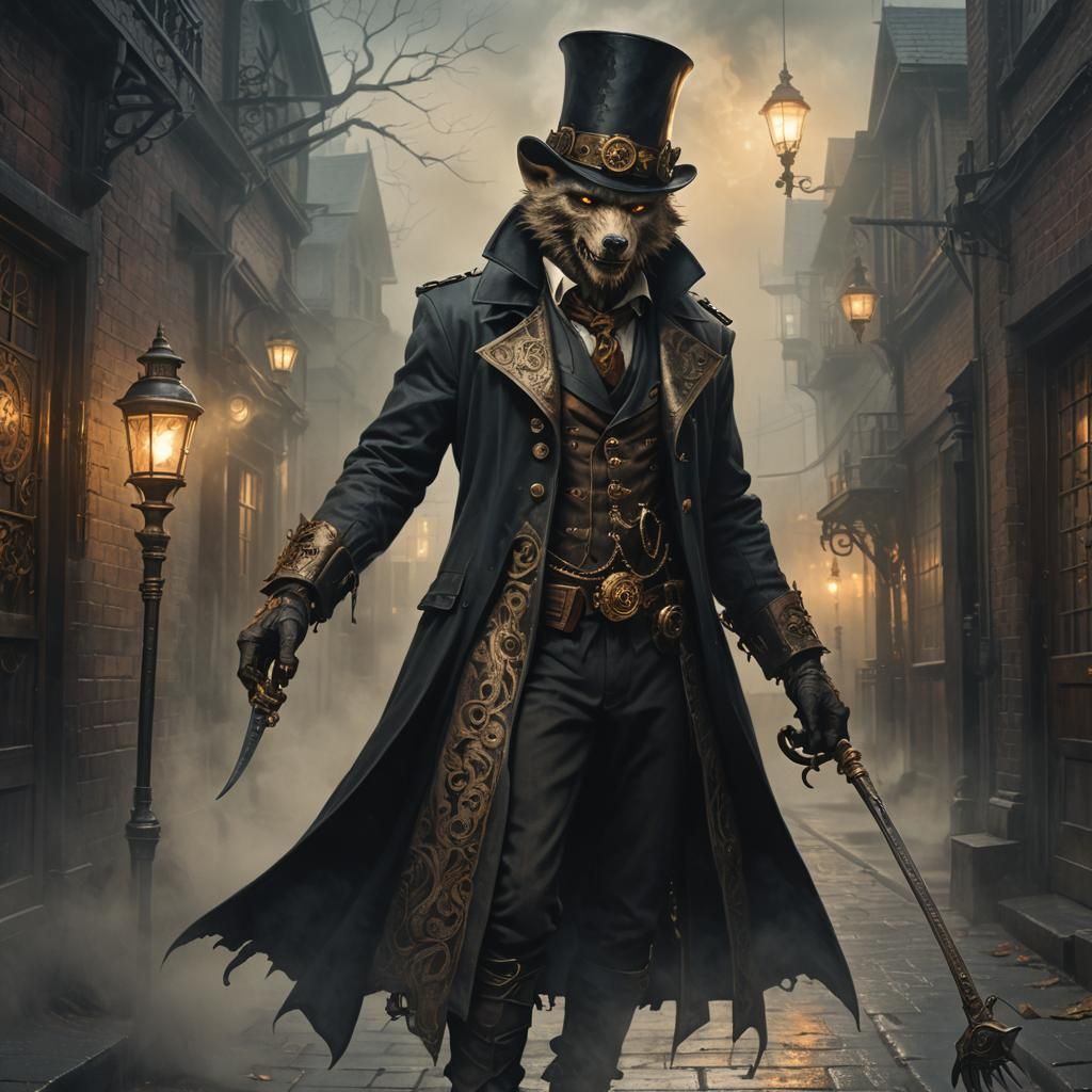Steampunk Werewolf Portrait in Foggy Alleyway