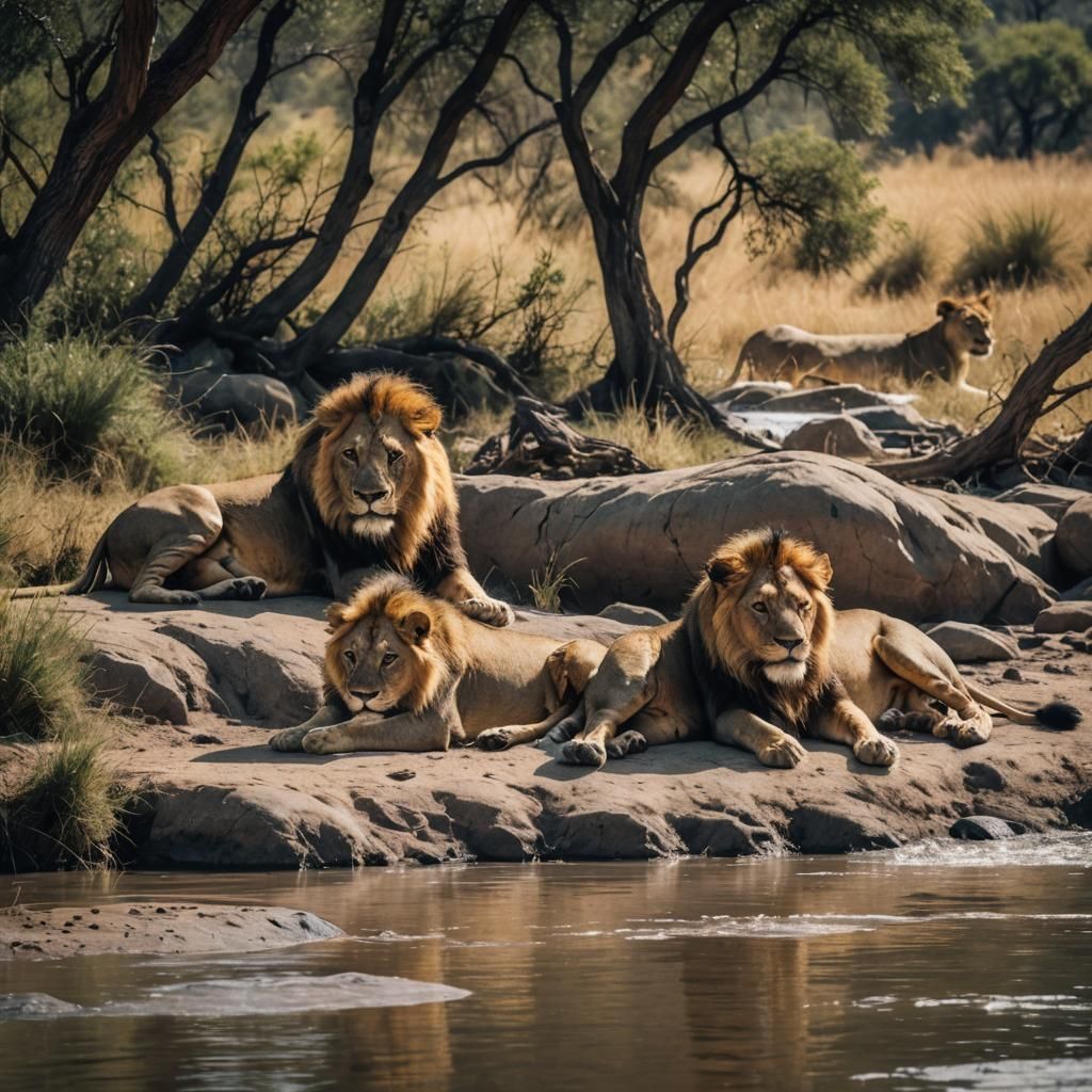 African Lions Resting by River: Cinematic Film Still
