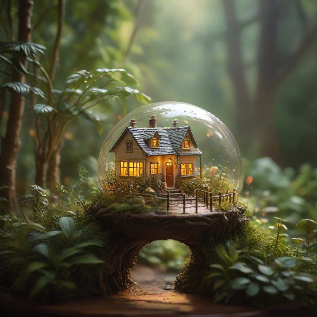 Miniature Fantasy World in a Terrarium, Kinkade Style