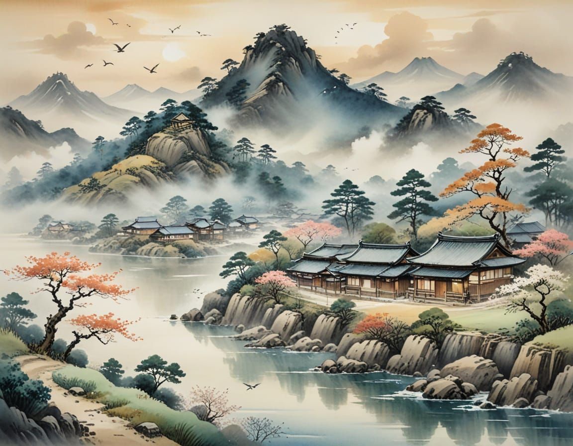 Japanese Village Watercolor Landscape in Impressionist Style